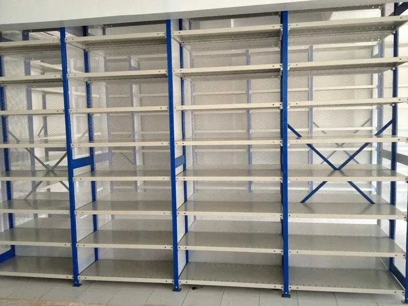 Bolt free shelving units with blue frames and steel shelves