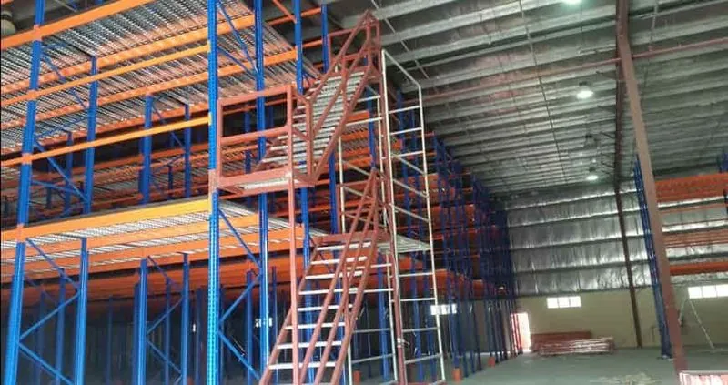 Multi tier racking with walkway and staircase