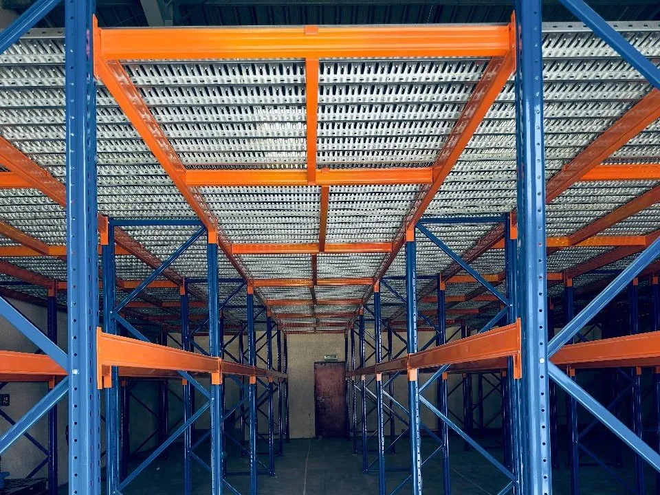 Rack supported mezzanine: pallet racks below carrying a steel deck floor above